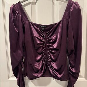 Express Satin Ruched Blouse in Rich Purple